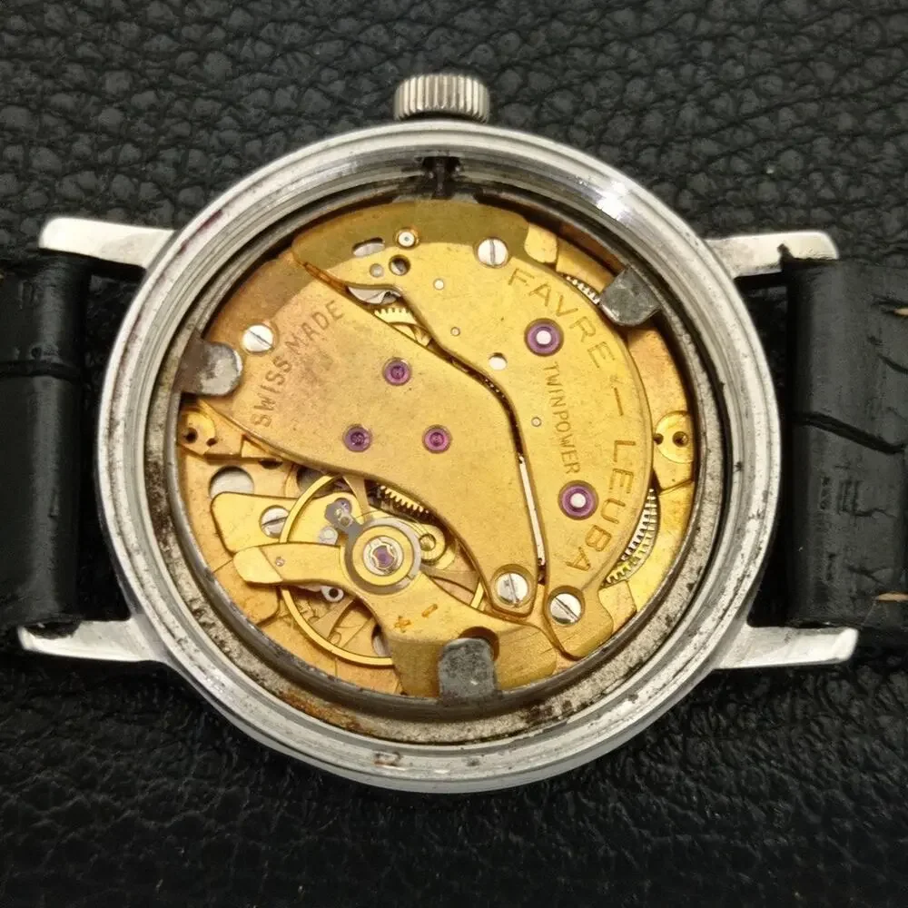 Vintage 1965 Favre Leuba Twin Power Manual Mens Silver Watch W/Leather Strap